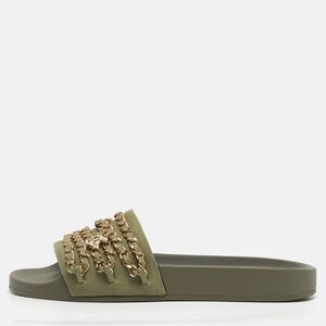 Chanel Olive Green Canvas And Leather Tropiconic Chain Slide Flats Size 38
